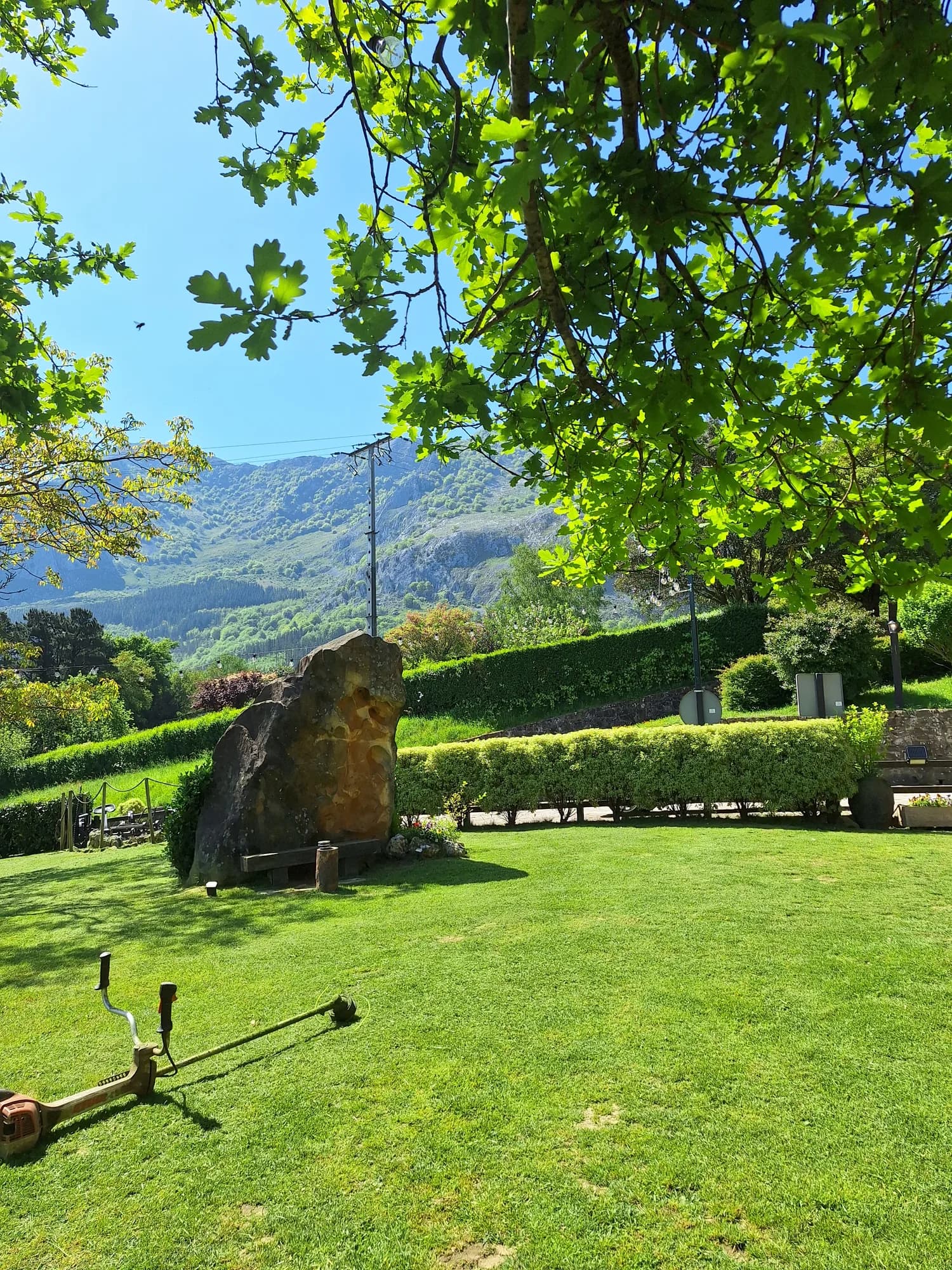 Jardín diseñado con monolito de piedra y vistas a las montañas